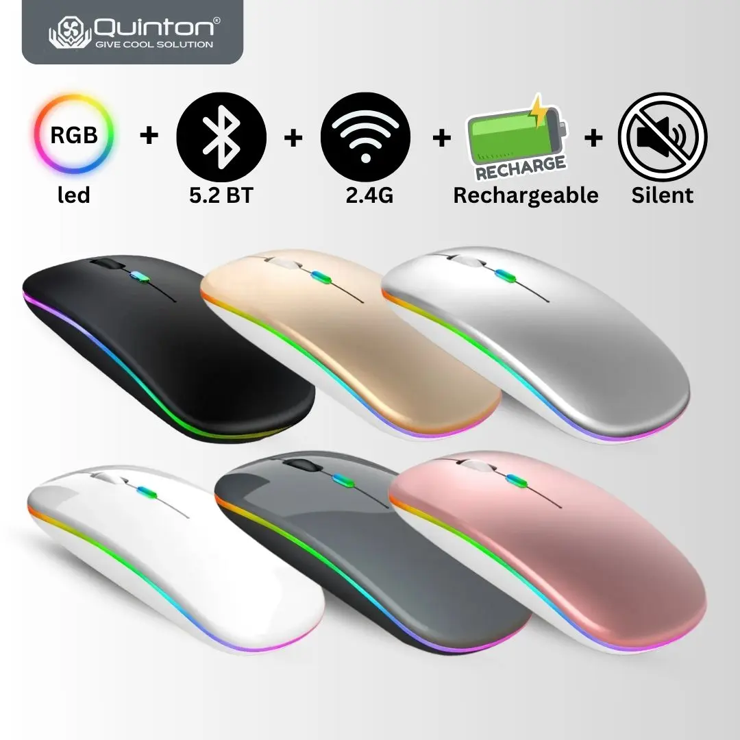 Quinton Mouse Bluetooth+usb dongle 2,4G Wireless XQ-1 Silent LED RGB Rechargeable untuk Komputer dan Laptop