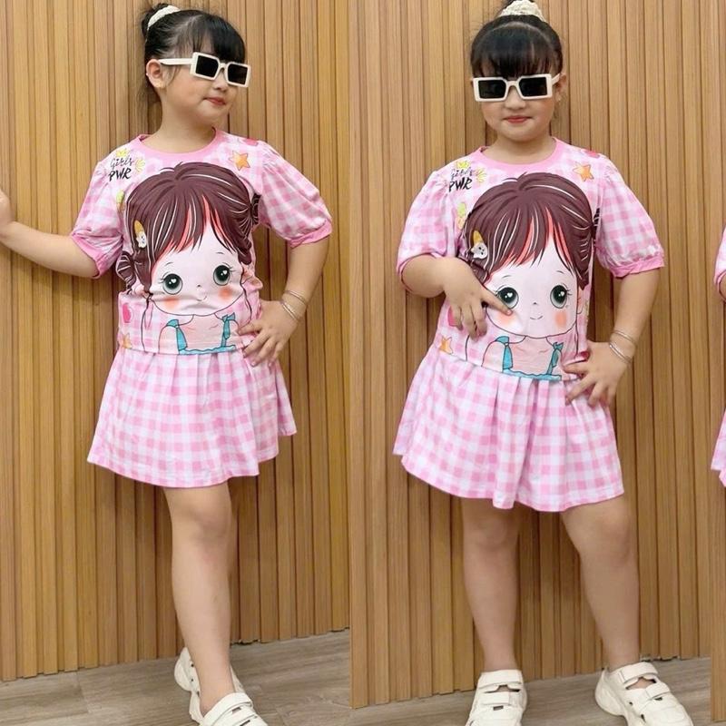 (10kg tới 45kg) Bộ áo tay cộc chân váy có quần trong cho bé chất thun lạnh in hoạ tiết 3D mặc nhà, mặc ngủ xinh xắn đáng yêu Top Nữ Voi Nón pijama cho áo ngủ đồ ngủ labubu