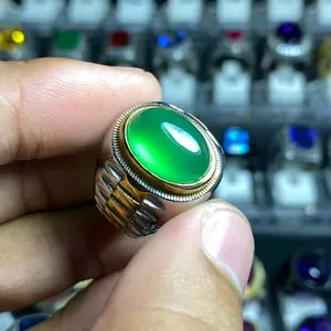 CINCIN PRIA AKIK GREEN CALSEDON CLEAN 14x10 RING TITANIUM MEWAH