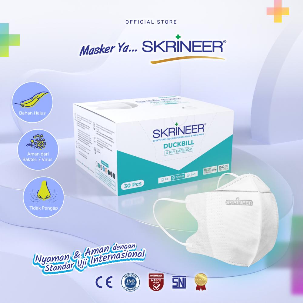Skrineer Masker Duckbill White Green 4ply Earloop Box isi 30pcs