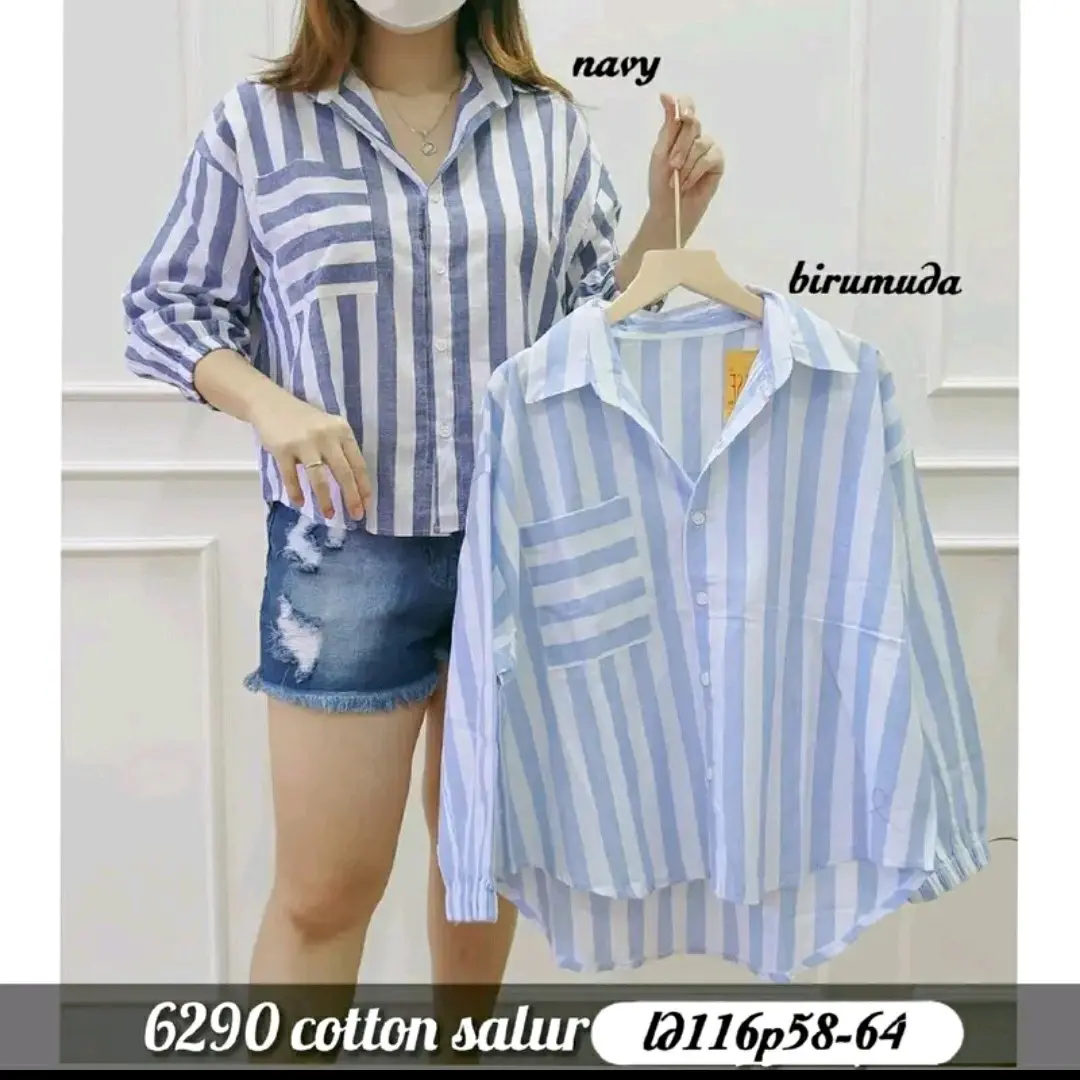 Kemeja Wanita Salur Strip Salur Besar Kerah Kemeja Lengan Serut Katun Motif