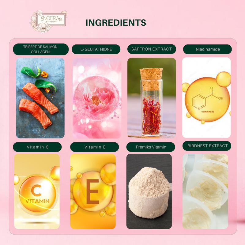 Noera Collagen Drink With Birdnest and Saffron Extract I Minuman Kolagen L-Gluthatione | Noera Premium Collagen Drink | Collagen Beauty | Noera Kolagen Drink | Suplemen Kolagen Glutathione | Suplemen  Pencerah Kulit l Improved Formula 3