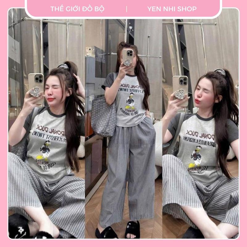 BigSize50-90kg Sét Bộ Nữ Áo Thun Cotton IN VỊT dễ Thương + Quần Ống Suông Linen