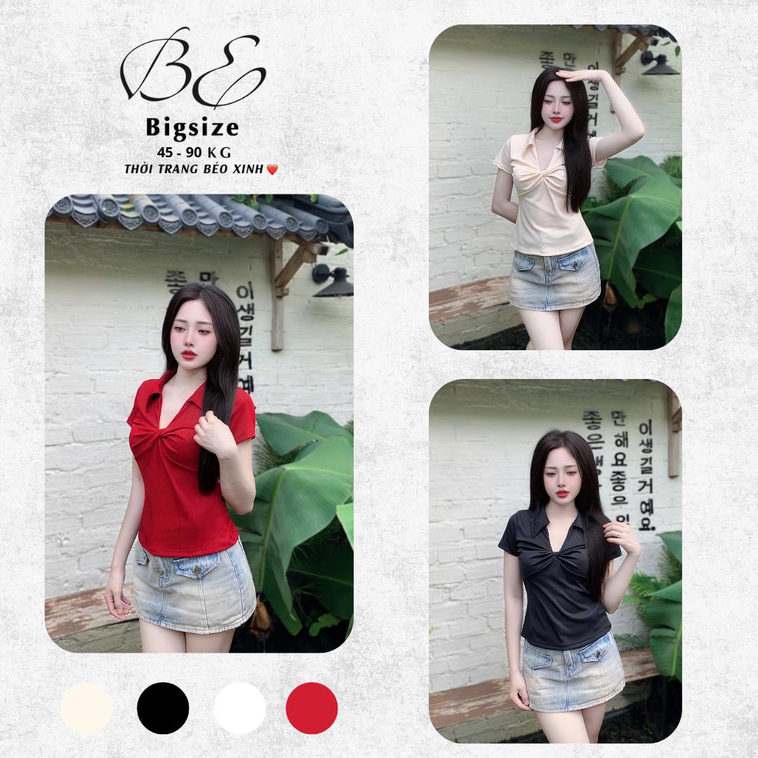 Thời Trang Bigsize Áo Thun Polo Cổ V Phối Xoắn Ngực Thanh Lịch Vải Thun Tăm Bigsize Từ 45 - 90Kg Dễ Thương Béo Xinh Shop - A.1546