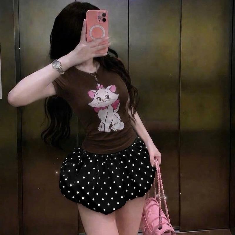 Set zip lụa meo meo quần bí bồng chấm bi