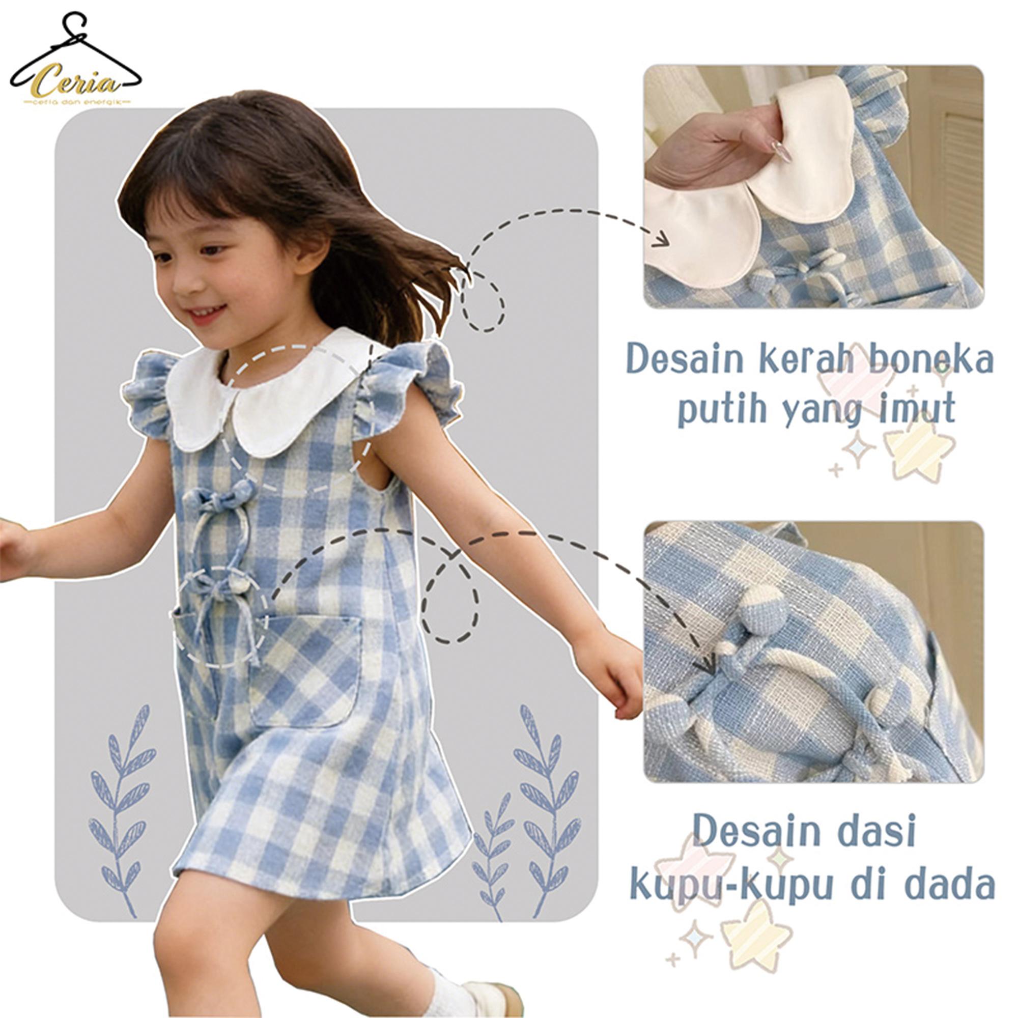 Ceria-Gaun Musim Panas Anak Perempuan / Gaun Rompi Kotak-Kotak Biru Putih Anak Perempuan / Model Kerah Besar dengan Pita
