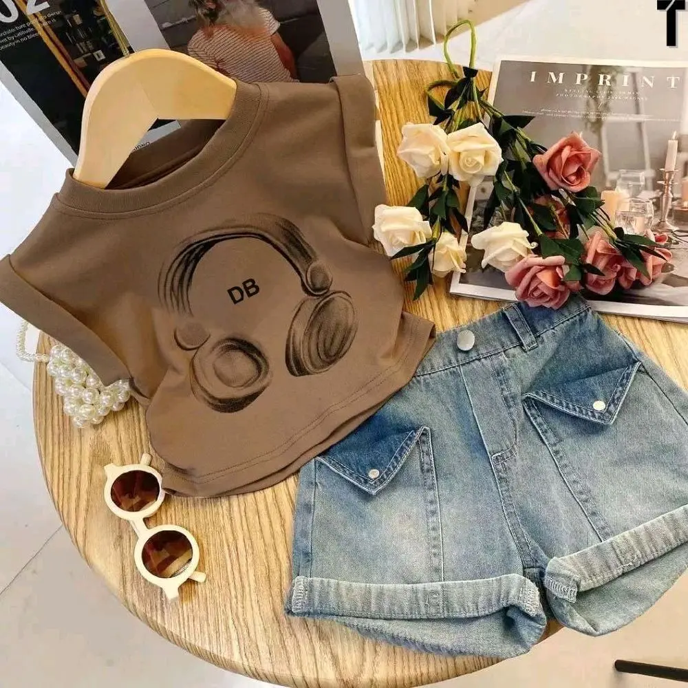 LOVE KIDS/SETELAN ANAK PEREMPUAN LENGAN LENDEK CELANA DENIM/SETELAN ANAK CEWEK MOTIF MEWAH DAN LUCU KEKINIAN