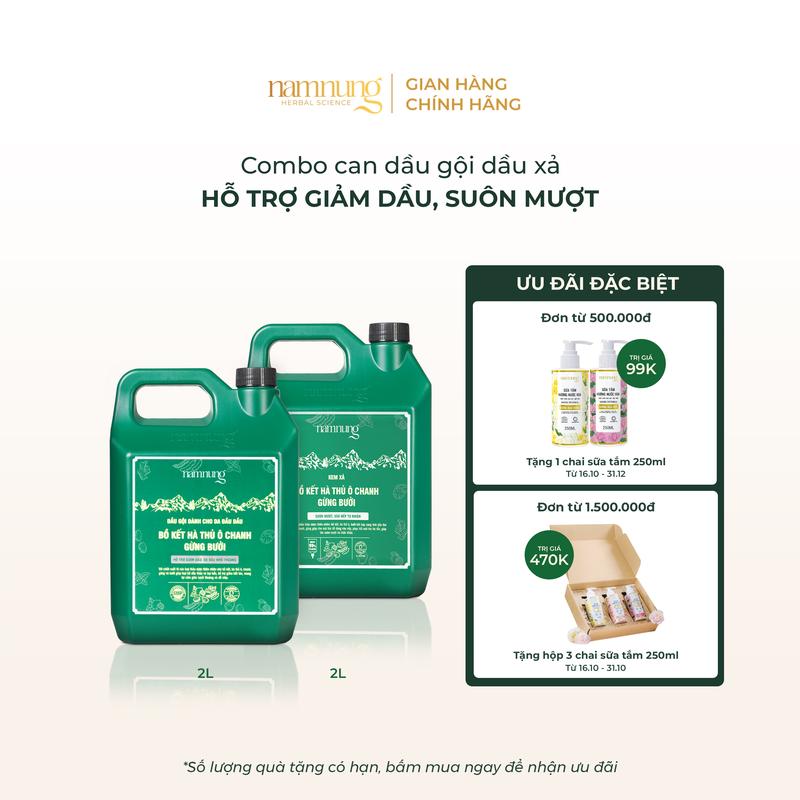 (Sắp cháy hàng) (Combo tiết kiệm) Dầu gội thảo dược bồ kết NamNung và dầu xả thảo dược hỗ trợ giảm rụng, giảm dầu, suôn mượt Can bigsize tiết kiệm 2L Chăm sóc tóc Dưỡng tóc nữ - Giảm 39%