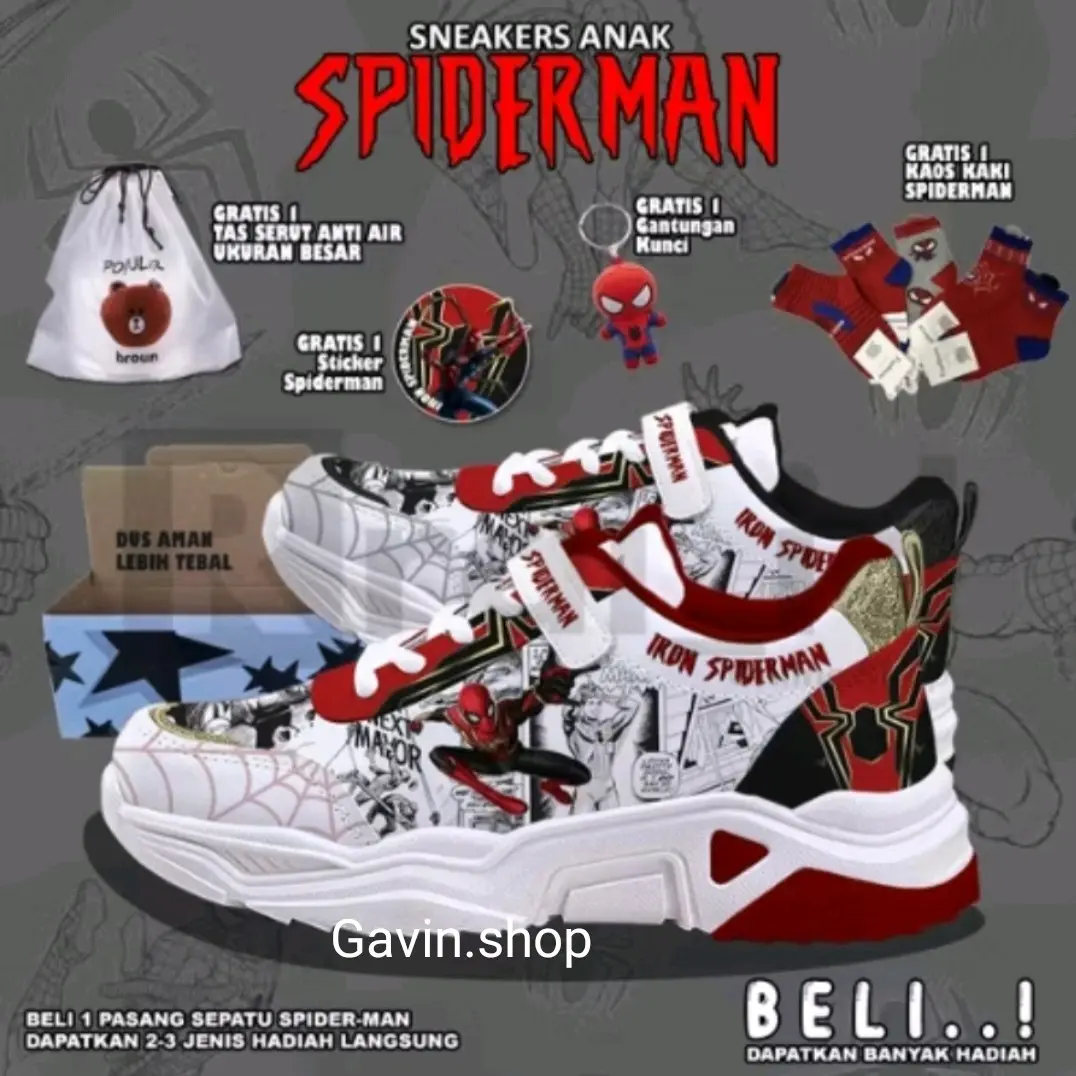 Sepatu Sneakers Spiderman Full Printing Kualitas Premium untuk anak Paud Tk SD Size 26-35 series model Spiderman Fashion
