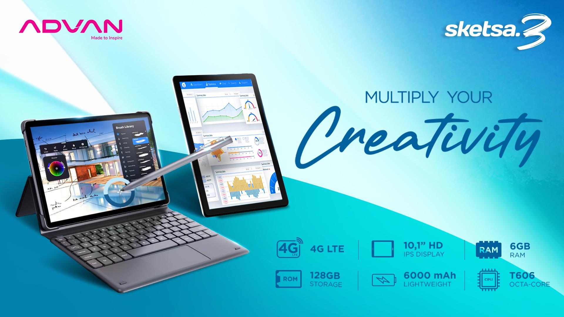 (FREE KEYBOARD + STYLUS PEN) ADVAN Tablet Sketsa 3 6GB/128GB 10.1” Inci HD IPS Dual SIM Card 4G LTE WiFi Bluetooth Tiger T606 Android