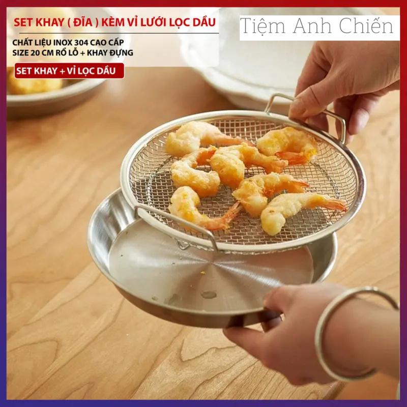 Set Khay Ráo Dầu Chất Liệu Inox 304, Chảo Lọc Dầu Tiện Dụng Cho Nhà Bếp Size 20cm