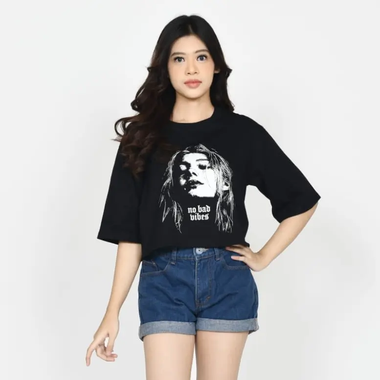 Kaos Croptop Oversize - Atasan Wanita - Baju Distro Dewasa Tshirt - Kaos Oblong Sablon Cotton Combed 24s - Varian No Bad Hitam - Terracotta