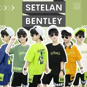 Amspro Setelan Anak Laki-Laki Fashion Kids 1 Set Ootd Anak Kece Bentley Baju Kaos Anak Cowok Celana Lengan Pendek Motif Sablon size 6-14th