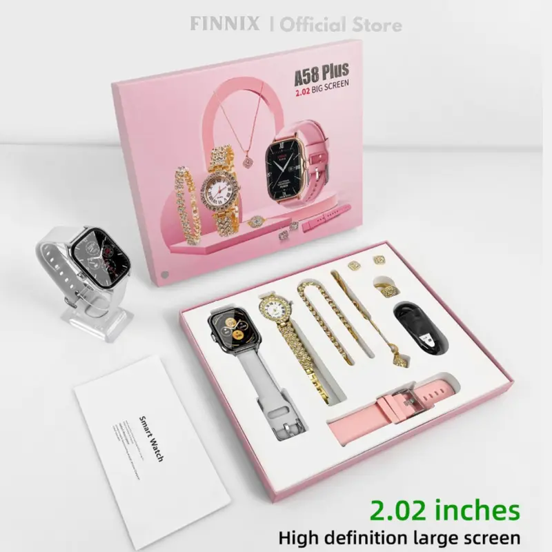 Gift Set A58 Plus jam tangan pintar setelan gelang emas mewah halus 6 in 1 dalam 1 Set kotak hadiah wanita 3