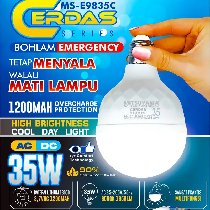 BOHLAM EMERGENCY LED 35WATT MITSUYAMA MS-E9835C CERDAS SERIES TETAP MENYALA WALAU MATI LAMPU 4
