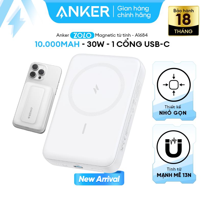 Sạc dự phòng từ tính không dây Anker Zolo 10.000mAh 1 cổng USB-C Sạc không dây chuẩn Qi | Tối đa 30W | Nhỏ gọn tiện lợi | Thích hợp iPhone 12/13/14/15/16 - A1684