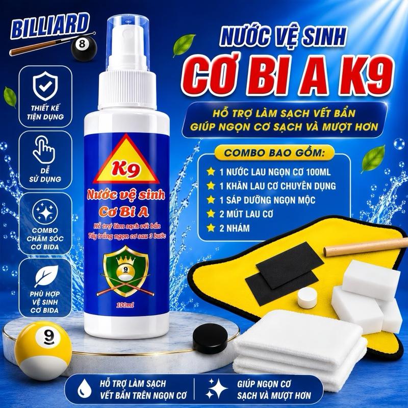 Nước lau ngọn cơ bida K9 kèm khăn lau cơ, sáp dưỡng ngọn mộc mút lau cơ và giấy…