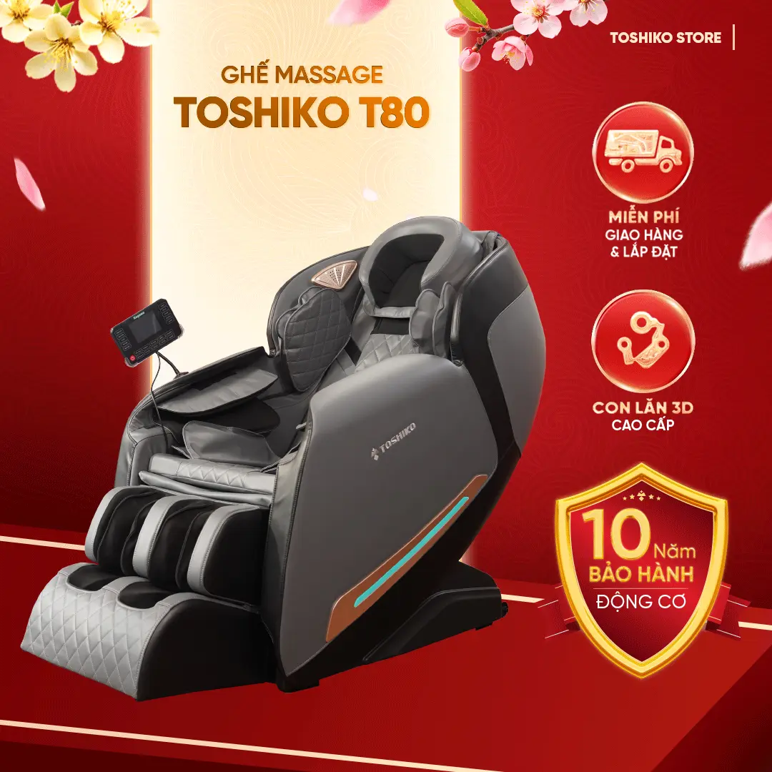 Ghế massage Toshiko T80 điều khiển giọng nói tiếng Việt đa chức năng công nghệ massage con lăn 3D Nhật Bản