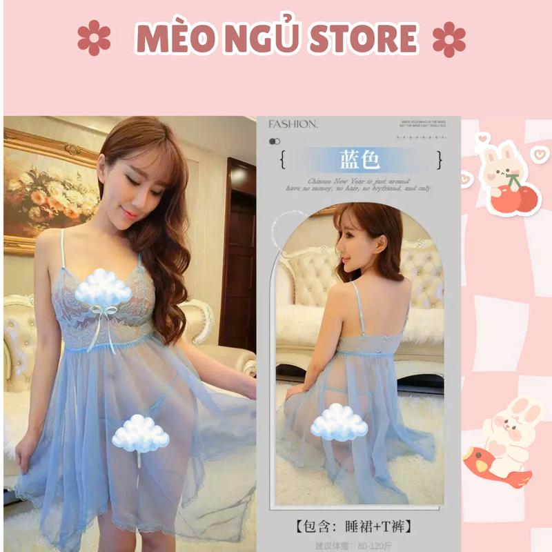Váy Ngủ Ren Xuyên Thấu Gợi Cảm Quyến Rũ Kèm Quần Lót Nữ Sexy Cao Cấp Đồ Ngủ Mỏng Nhẹ Tôn Dáng