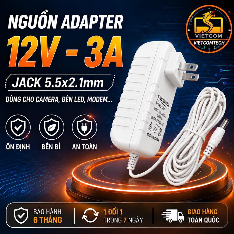 Nguồn Adapter 12V 3A Jack 5.5x2.1mm Cho Camera, Đầu Ghi, Đèn LED, Modem