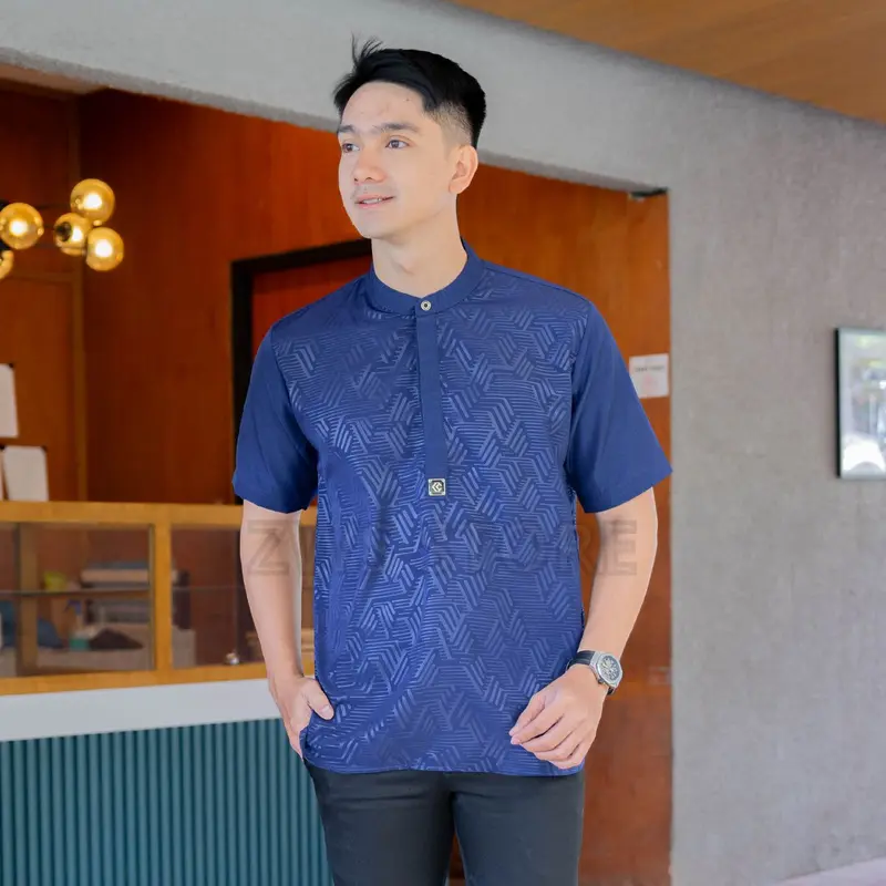 Baju Koko Pria Dewasa Kerah Shanghai Pria Premium Motif Embos Model Kancing Koko Kurta Pria Muslim NAUFAL Hitam Lengan Pendek Jahitan Rapi Kemko Atasan Spesial Lebaran 5