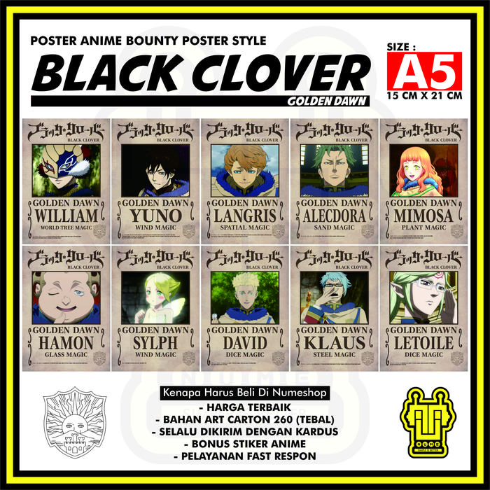 Gambar Poster Anime Golden Dawn Black Clover - Poster Bounty Wanted Style A5 dari NUME SHOP Tees & Toys Kab. Bekasi Tokopedia
