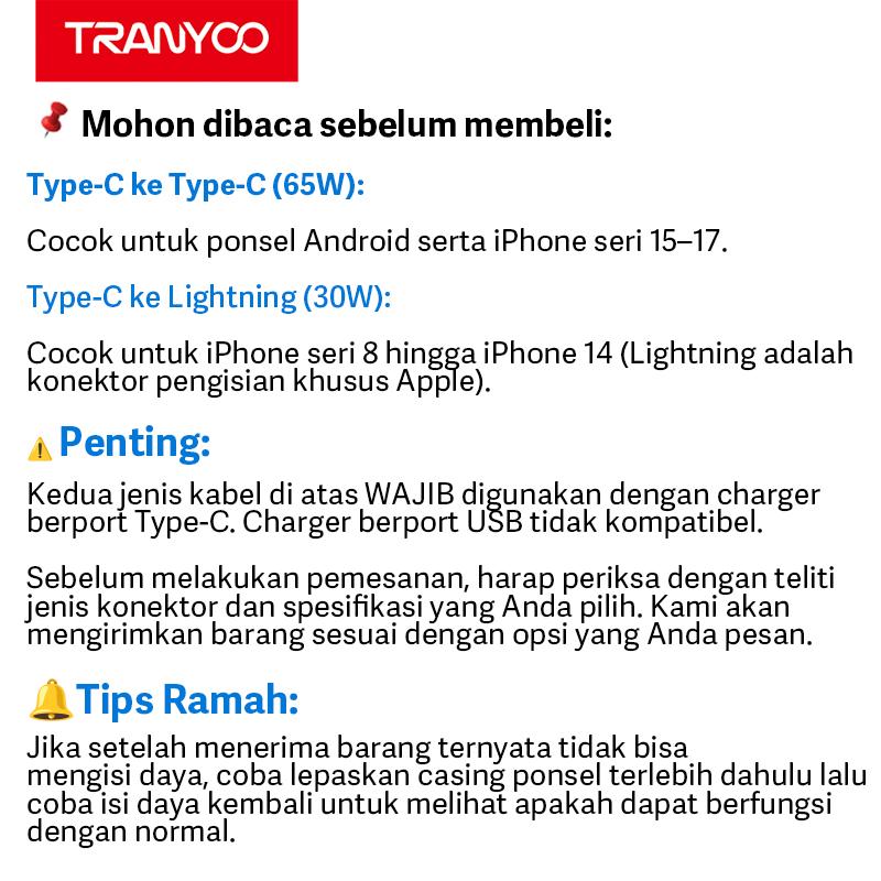 TRANYOO Kabel Data 65W Type-C ke Type-C / 30W Lightning(iPhone), desain siku 90°, cocok untuk iPhone, Samsung, OPPO, VIVO, Xiaomi, POCO, realme, Infinix & Android. Konektor emas, panjang 1,2m, cocok untuk ponsel & tablet, model CC-3. TRANYOO Kabel Data 65W Type-C ke Type-C / 30W Lightning(iPhone), desain siku 90°, cocok untuk iPhone, Samsung, OPPO, VIVO, Xiaomi, POCO, realme, Infinix & Android. Konektor emas, panjang 1,2m, cocok untuk ponsel & tablet, model CC-3.