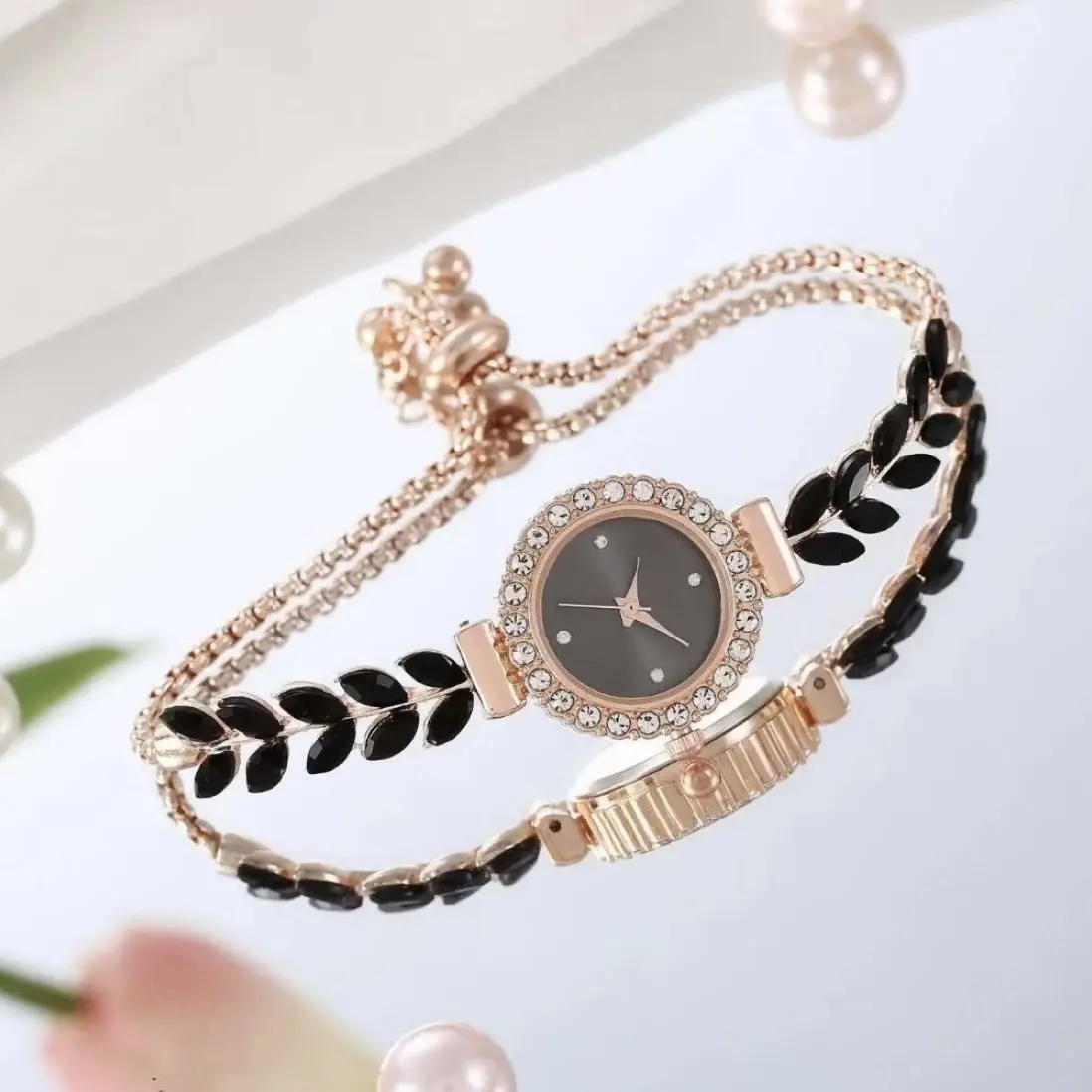 Jam Tangan Rantai Stainless Serut Bulat Daun Baris Jam Tali Fashion Wanita Analog Quartz J05