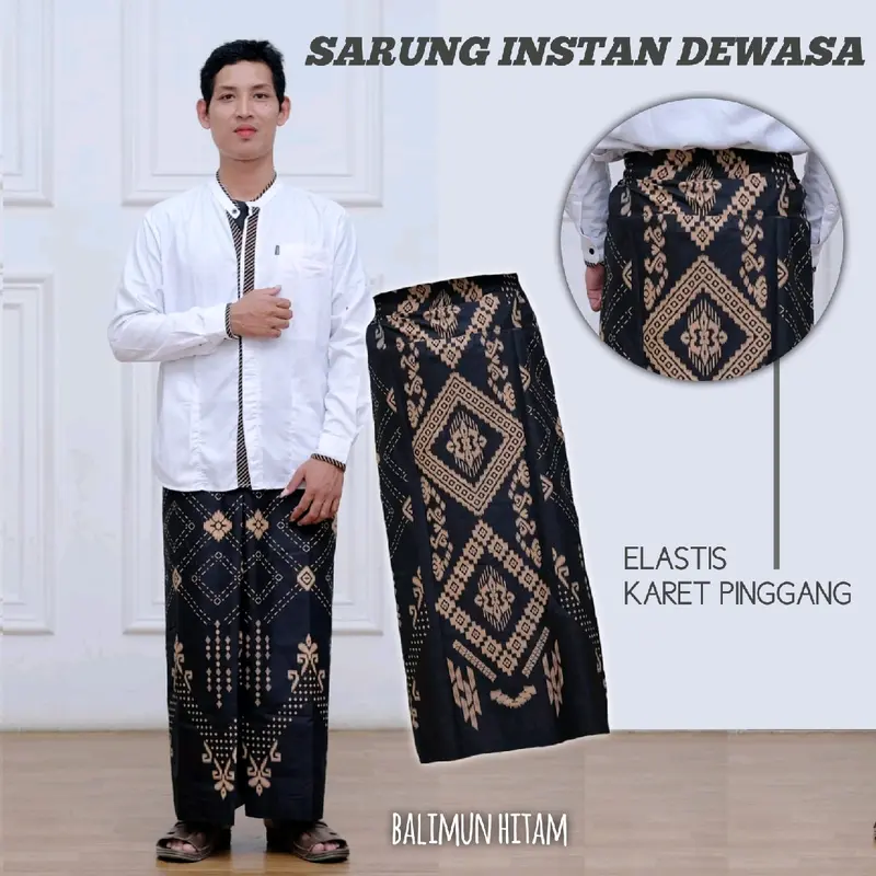 Sarung Instan Dewasa Motif Sarwon Tenun rayon Bahan Halus Modis dan Praktis Muslim - Kain, Pria Bali Putih Hitam 8