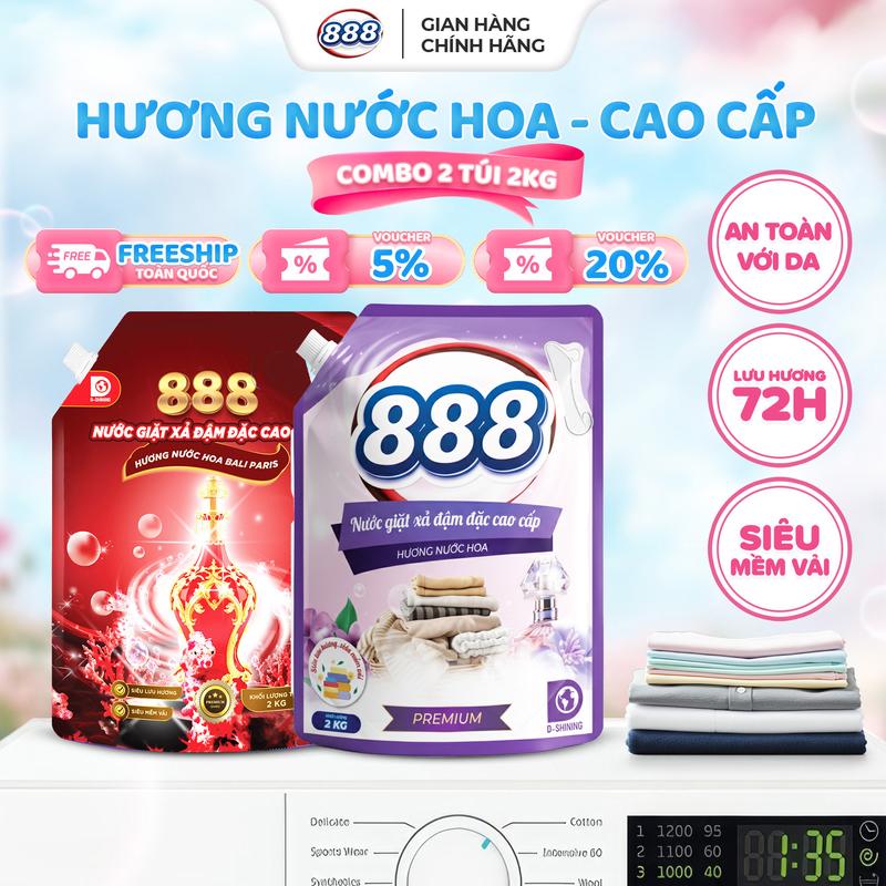   Combo 2 túi   Nước Giặt Xả 888 Hương Nước Hoa và Hương Nước Hoa Bali 2Kg túi lưu hương 72 giờ   ko hại da tay   công nghệ châu âu   bền màu áo quần   PP chính hãng D-Shinning   siêu mềm vải   giặt được cửa trước và cửa trên 