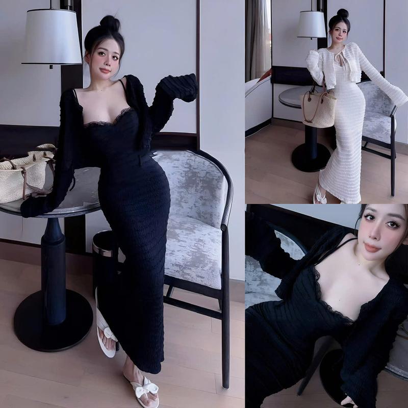 Đầm Ôm Body Ren Thun 2 Dây From Dài Kèm Khoác Dài Tay Quyến Rũ Tôn Dáng Nữ Tính Dịu Dàng Thanh Lịch Sang Trọng Dễ Thương  - Free Size - Women Top 