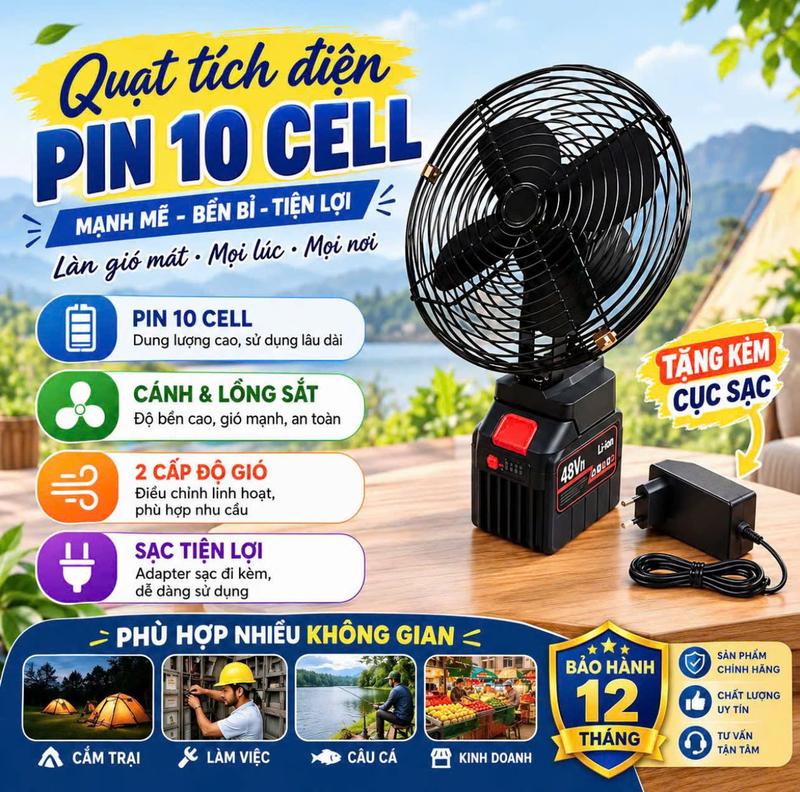 [ DEAL LIVE Giá Rẻ Nhất Sàn ] , Quạt Không Xoay + Pin 10 Cell Tặng Sạc Nhanh , Quạt Lồng Sắt Cánh Sắt , 2 Chế Độ Gió, Pin Phổ Thông