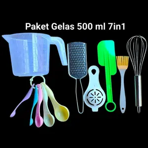 1 Set Paket Hemat Gelas Ukur 1000 ml dan 500 ml / Paket Gelas Takar 7in1 Kuning  Kitchenware Silikon Stainless Sendok