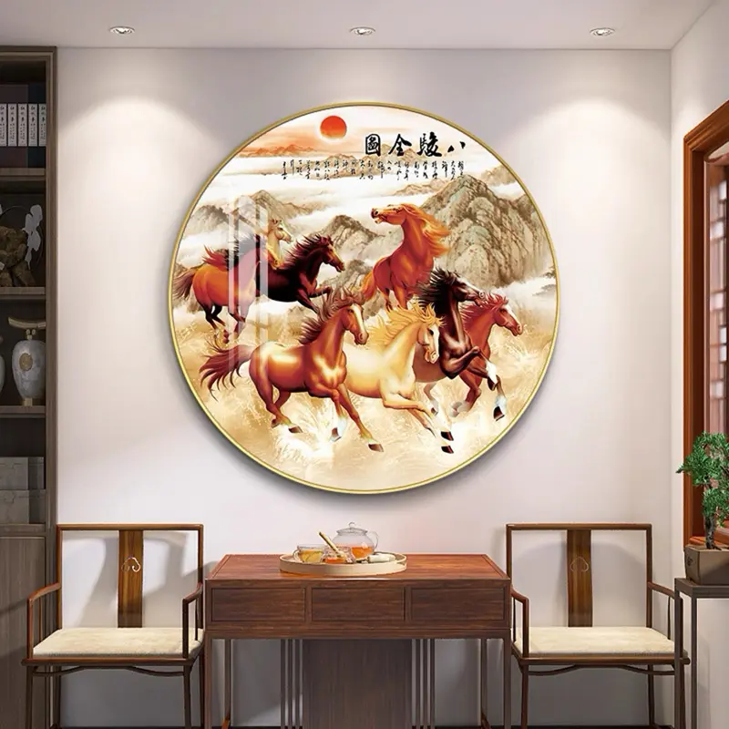Lukisan 5D Diamond Timbul Bahan Porcelain Bentuk Bulat Bundar Motif Kuda 8 Ekor Pajangan Dinding Mewah Estetik Lukisan Bulat Kuda Ma Dao Cheng Gong Fengshui 8 Ekor