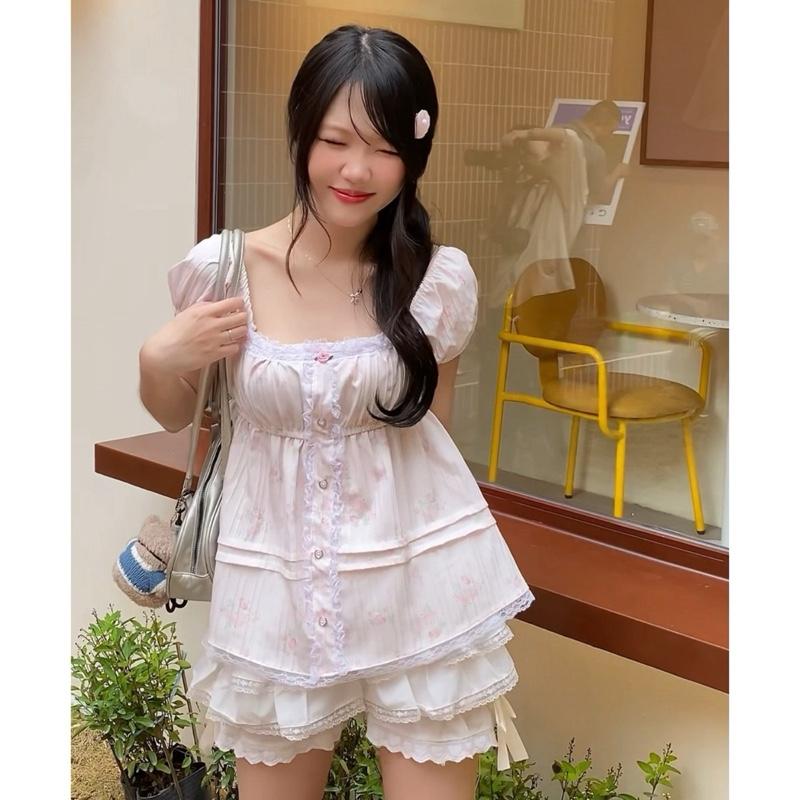   MỞ BÁN  Áo Babydoll Blink Baebi  Áo Trễ Vai  Ko đệm mút  Hoạ Tiết Hoa nhí Tiểu Thư 