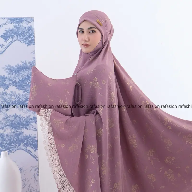 Ra Fashion - Mukena Armina Dewasa Pogy Crinkle Airflow Syar'i Penutup Dagu Motif Bunga Mewah Renda Cantik Panjang Atasan Traveling Beli Lokal Nyaman Lembut 0