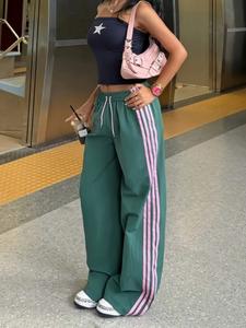 Pantalones casuales de moda para mujer, pantalones deportivos de rayas en bloques de color de corte holgado, cómodos pantalones jogger de cintura alta para uso diario
