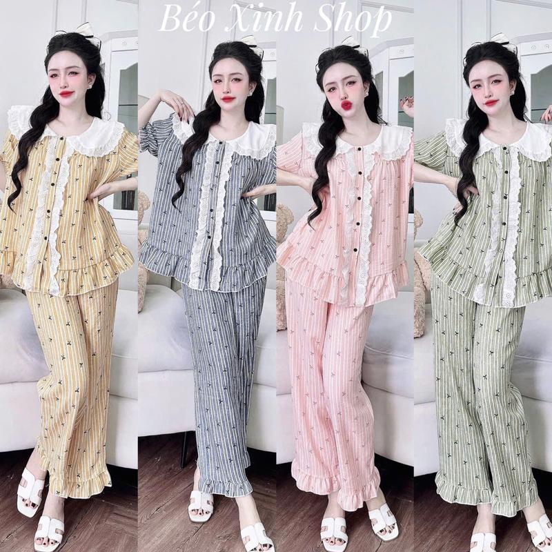 Đồ Bộ - Đồ Ngủ Tay Ngắn Quần Dài Vân Sóng Nơ Phối Ren Tiểu Thư Pijama Bigsize 50-100kg Bộ Ngủ Nữ Áo Ngủ Women Quần Ngủ - A.5441
