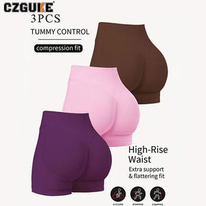 CZGUKE bermudas de gimnasio para mujer, bermudas de ejercicio en bicicleta, bermudas de yoga con cintura baja de 4,5 inch, mallas deportivas, bermudas de yoga sin costuras para la cadera, conjunto de tres pzas