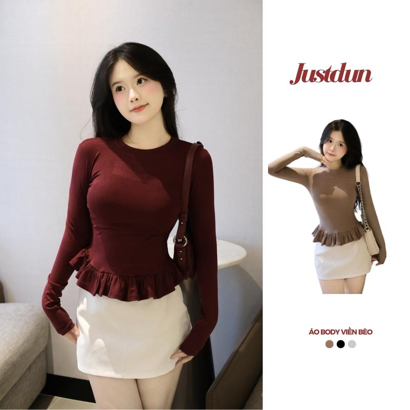 Áo Thun Dài Tay Nữ Ôm Body Phối Viền Bèo Xinh cotton lông mịn Justdun-405