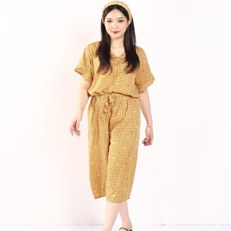 [DasterHitsMalang] One Set Aira Celana Kulot Panjang 7/8 /One Set Kancing Depan/One Set Lengan Rempel/Setelan Wanita Baju Karet Katun Kerah Rayon Motif Atasan Busui Pendek Kotak 0