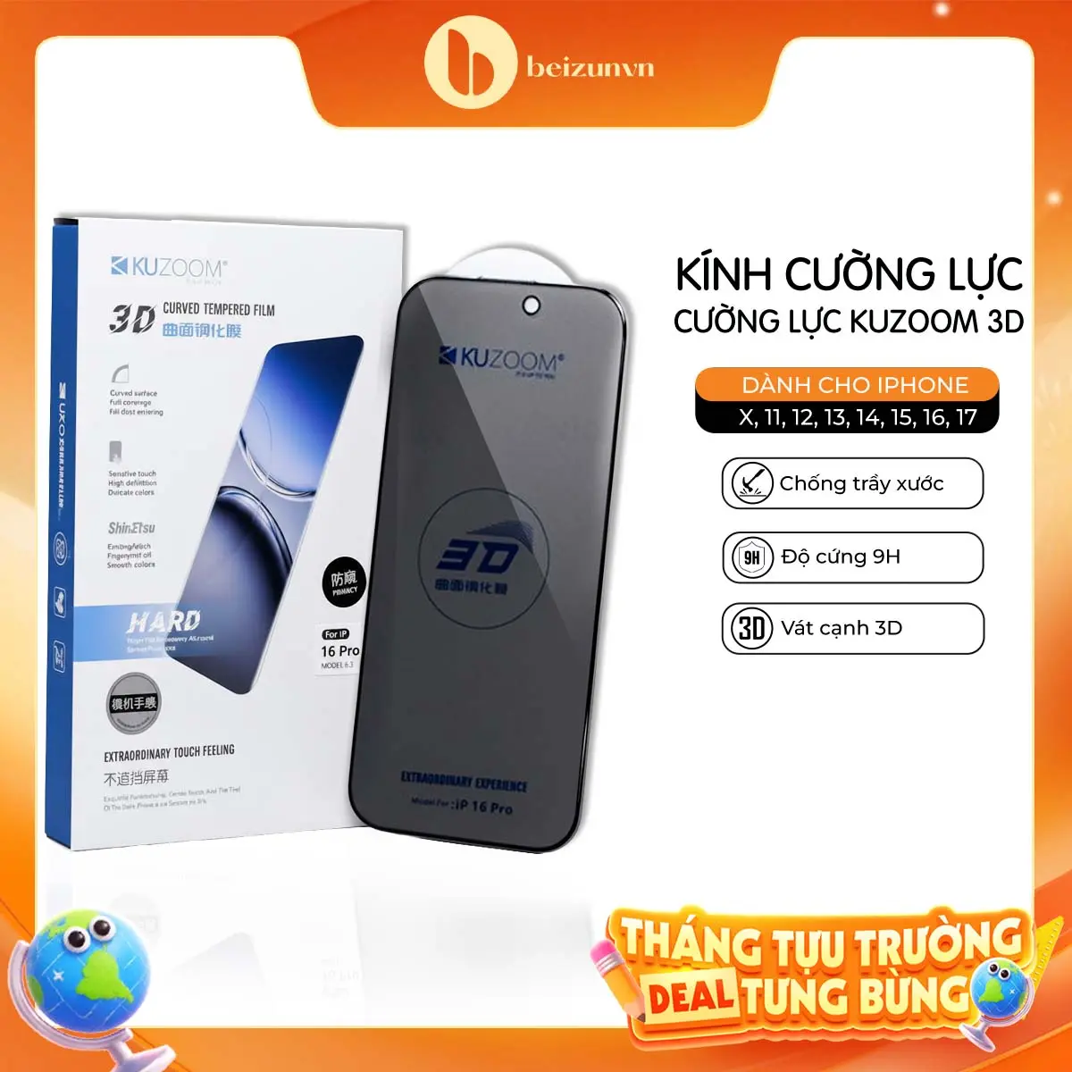 Cường Lực KUZOOM 3D CURVED Trong Suốt/Chống Nhìn Trộm dành cho iphne , viền bo cong ,  bảo vệ máy khỏi va đập trầy xước