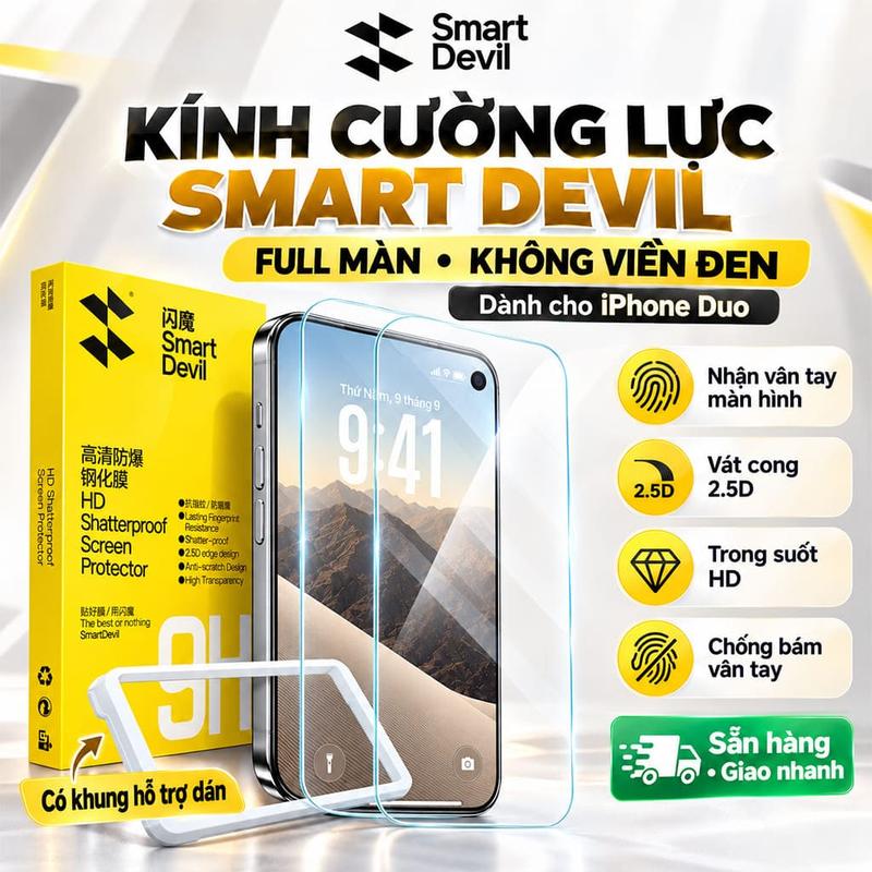 Kính cường lực dùng cho Iphone Duo trong suốt full màn hình phụ không viền đen hãng Smart Devil có khung hỗ trợ dán - Phụ kiện