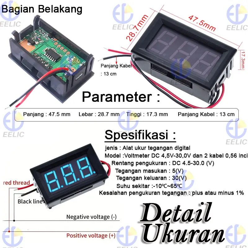 EELIC VMD-DC4.5VS30V Voltmeter digital led dc 4.5-30v voltmeter 0.56 inch 2 kabel alat ukur tegangan digital terdapat 3 pilihan warna led digital yaitu merah,biru,hijau 4