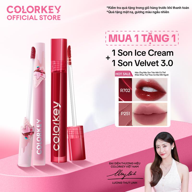 OFFICIAL MUA 1 CÂY TẶNG 1 CÂY Combo 01 Son Ice Cream Phiên Bản Giới Hạn + 01 Son Kem Velvet COLORKEY Phiên Bản 3.0 Chất Son Mỏng Mịn Mềm Mượt Trên Môi 3g