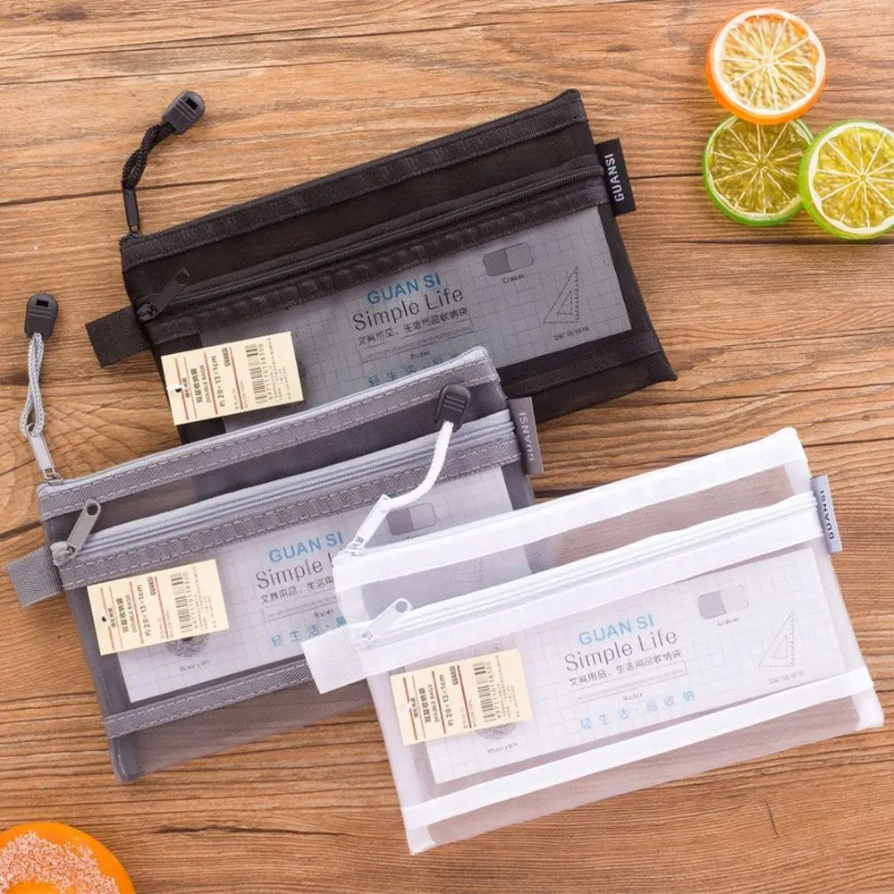 Zipper Transparent Nylon Pencil Case Office Pen Box Large Capacity File Folder Cosmetic Storage Bag Double Mesh Pencil Bag School Stationery Supplies