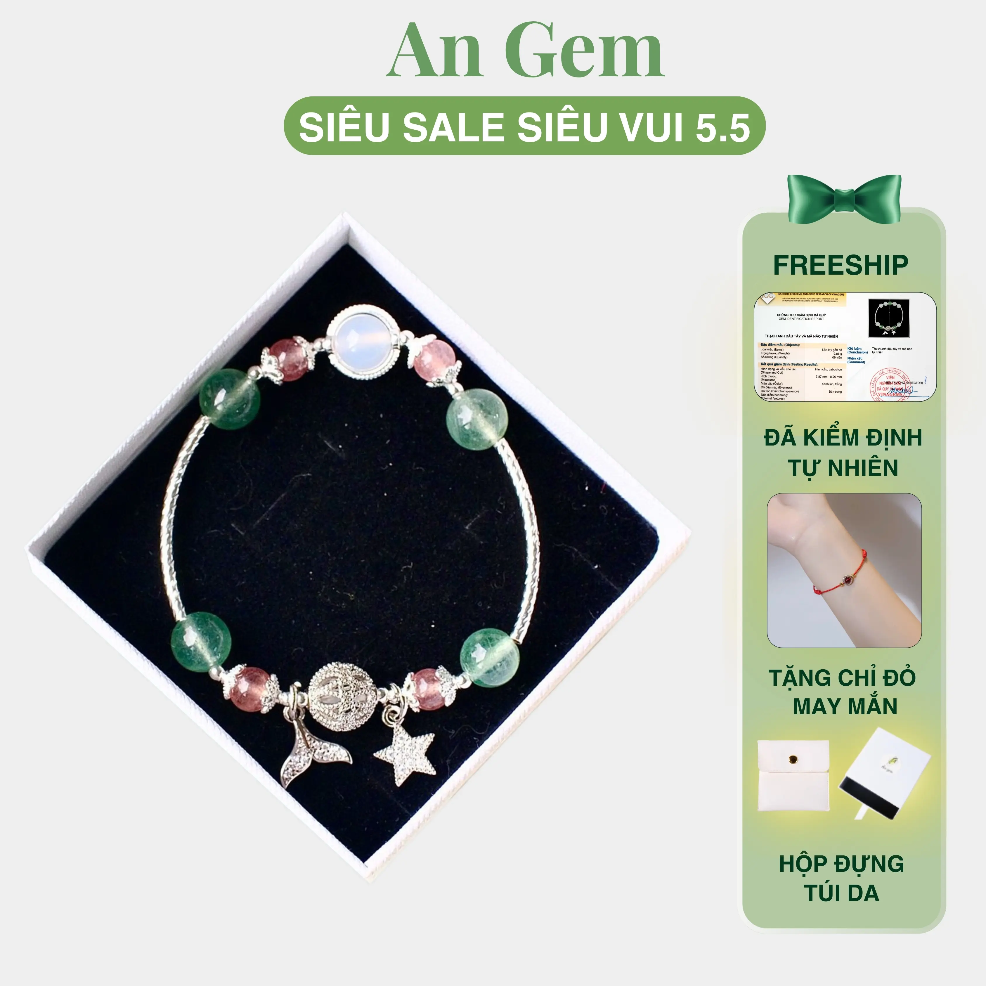 Vòng tay An gem đá dâu tây xanh mix hồng Full charm, lắc tay phối đá tự nhiên phụ kiện nữ đeo tay tinh tế quà tặng sinh nhật giáng sinh Noel Tết Valentine [TẶNG VÒNG CHỈ ĐỎ]