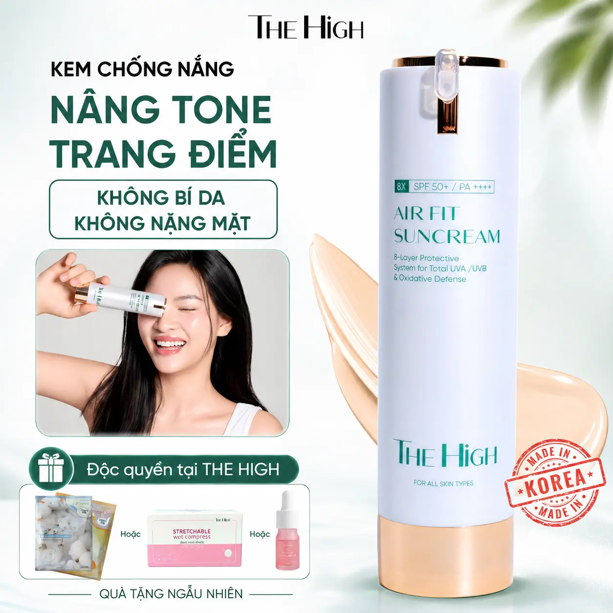 Kem Chống Nắng Trang Điểm nâng tone The High - Dưỡng Trắng, Giữ Tone 12h, Kiềm Dầu 16h, chống nắng kháng nước - Hàn Quốc The High Airfit Sun Cream 40ml