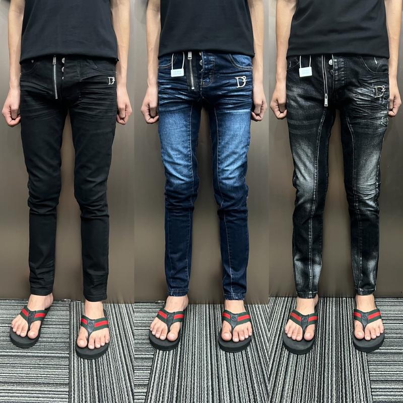 Quần Jean Nam đen và xanh trơn dập nhăn khoá lệch hở thêu logo D/2 Hót New 2025