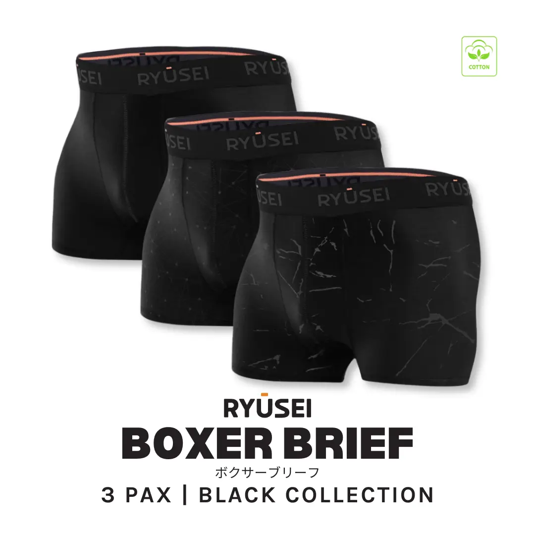 [ PAKET ] Boxer Katun Spandex Black Collection (3Pcs Motif/Polos semua dikirim Random) - Jahitan Seamless
